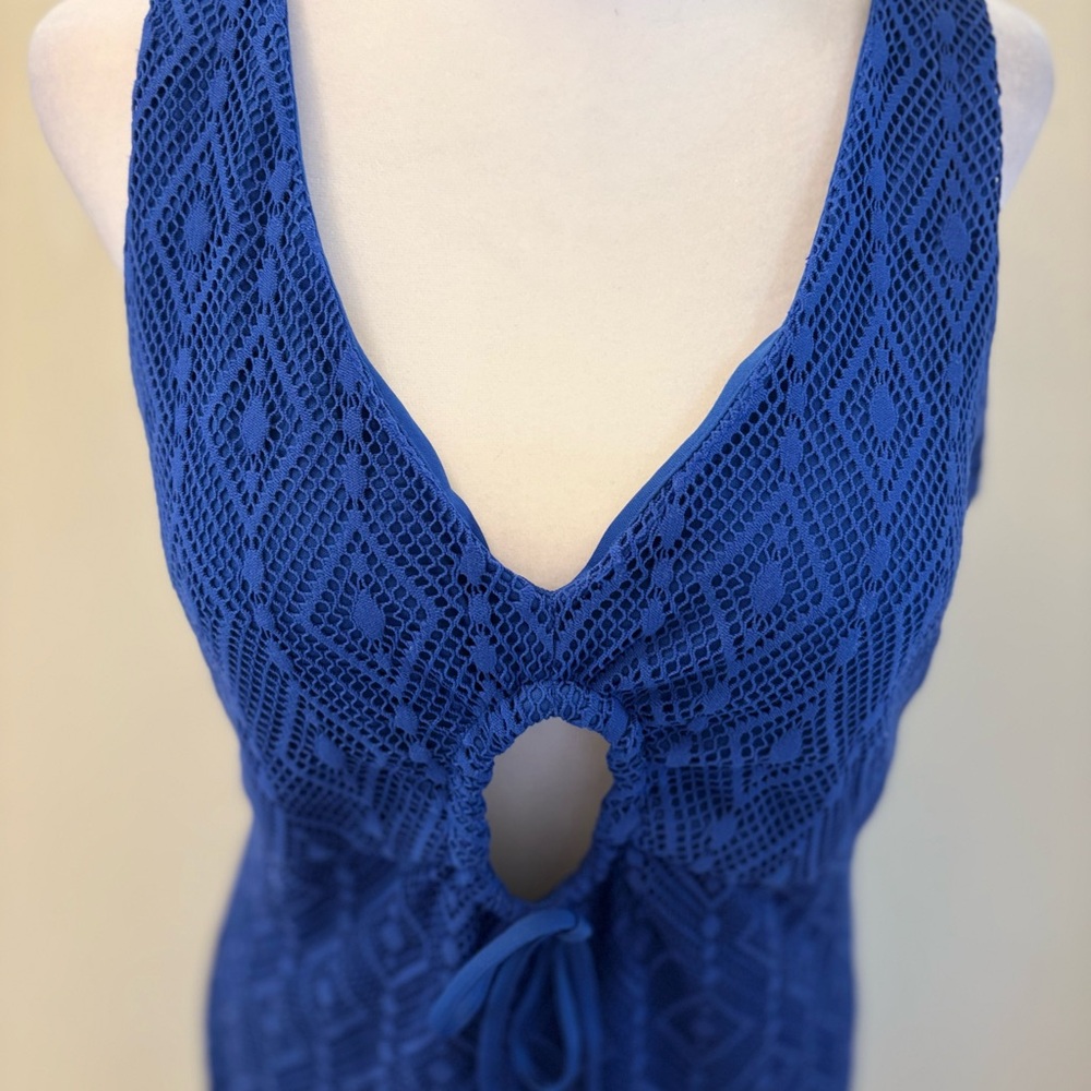 New Guess Blue Geometric Lace Sheath Midi Dress Size 14 - Picture 6 of 17